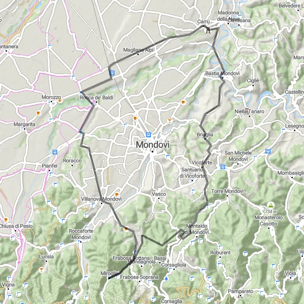 Zemljevid v pomanjšavi "Kolesarska pot do Bric Miroglio" kolesarske inspiracije v Piemonte, Italy. Generirano z načrtovalcem kolesarskih poti Tarmacs.app