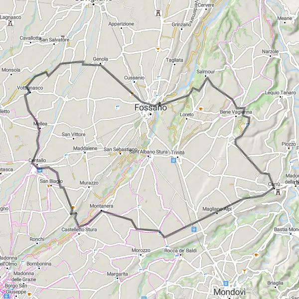 Map miniature of "Magliano Alpi - Centrallo - Bene Vagienna Loop" cycling inspiration in Piemonte, Italy. Generated by Tarmacs.app cycling route planner