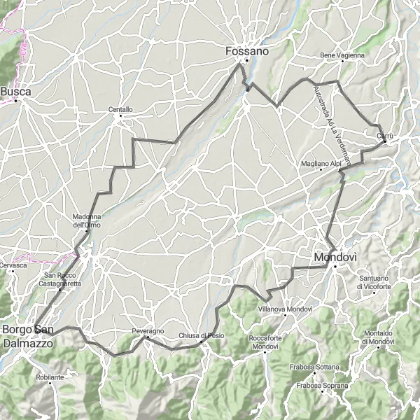 Zemljevid v pomanjšavi "Kolesarska pot do Roata Chiusani" kolesarske inspiracije v Piemonte, Italy. Generirano z načrtovalcem kolesarskih poti Tarmacs.app