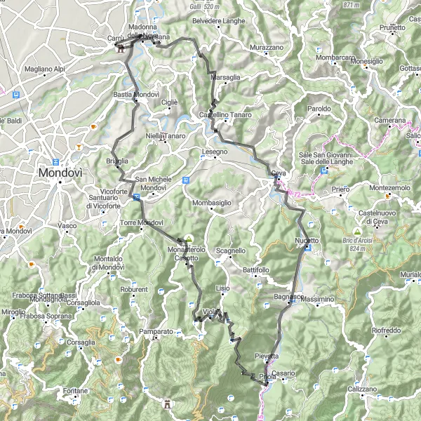 Miniature de la carte de l'inspiration cycliste "Les collines de Carrù" dans la Piemonte, Italy. Générée par le planificateur d'itinéraire cycliste Tarmacs.app