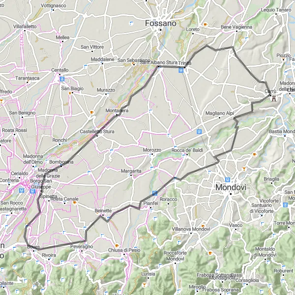 Miniaturní mapa "Road Trasa poblíž Carrù" inspirace pro cyklisty v oblasti Piemonte, Italy. Vytvořeno pomocí plánovače tras Tarmacs.app