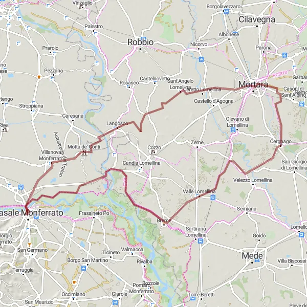 Miniatura della mappa di ispirazione al ciclismo "Bike tour tra Villanova Monferrato e Castello dei Paleologi" nella regione di Piemonte, Italy. Generata da Tarmacs.app, pianificatore di rotte ciclistiche