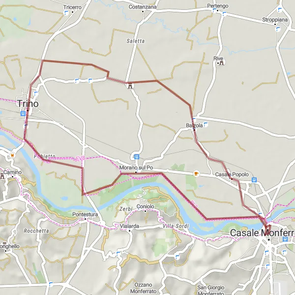 Miniatura della mappa di ispirazione al ciclismo "Gravel bike tra Morano sul Po e Castello dei Paleologi" nella regione di Piemonte, Italy. Generata da Tarmacs.app, pianificatore di rotte ciclistiche