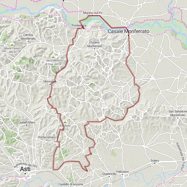 Zemljevid v pomanjšavi "Raziščite podeželje okoli Casale Monferrato" kolesarske inspiracije v Piemonte, Italy. Generirano z načrtovalcem kolesarskih poti Tarmacs.app