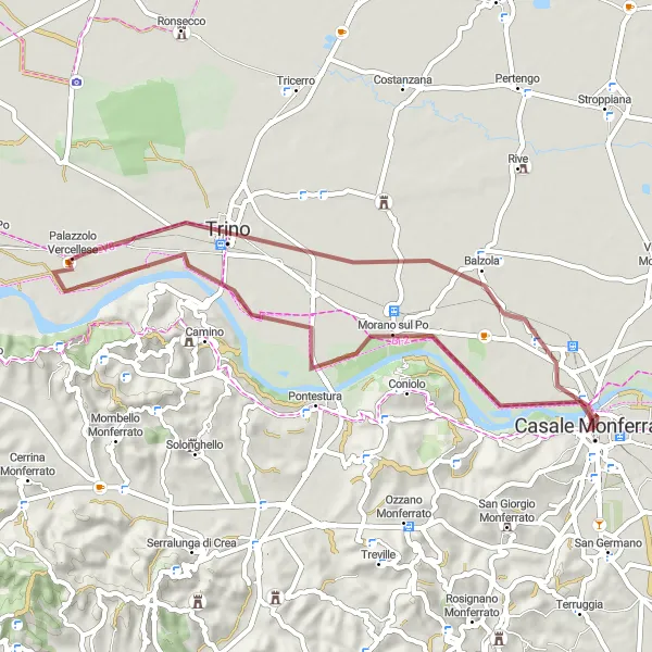 Miniatua del mapa de inspiración ciclista "Ruta por caminos de ripio alrededor de Casale Monferrato" en Piemonte, Italy. Generado por Tarmacs.app planificador de rutas ciclistas