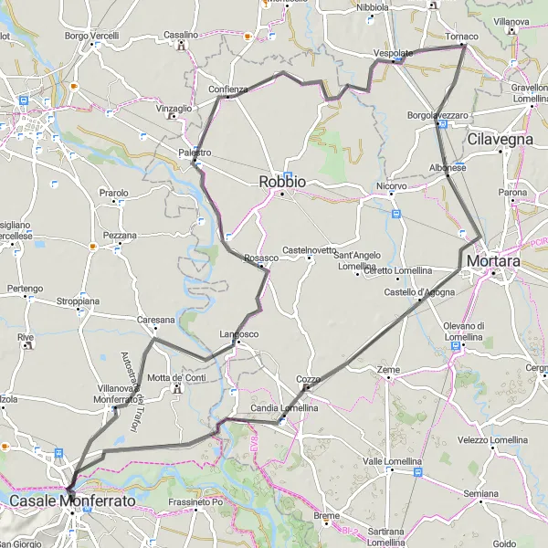 Miniature de la carte de l'inspiration cycliste "Circuit de vélo de route via Villanova Monferrato et Borgolavezzaro" dans la Piemonte, Italy. Générée par le planificateur d'itinéraire cycliste Tarmacs.app