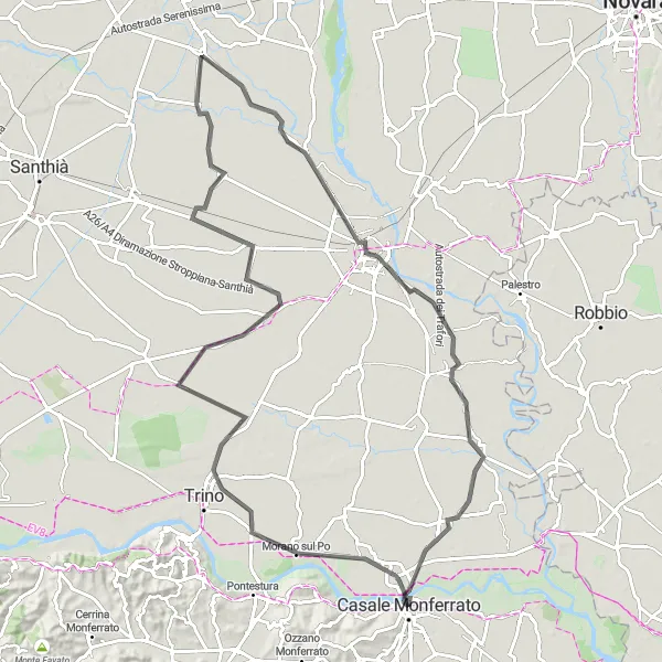 Zemljevid v pomanjšavi "Cestno kolesarjenje skozi Morano sul Po do Vercelli" kolesarske inspiracije v Piemonte, Italy. Generirano z načrtovalcem kolesarskih poti Tarmacs.app