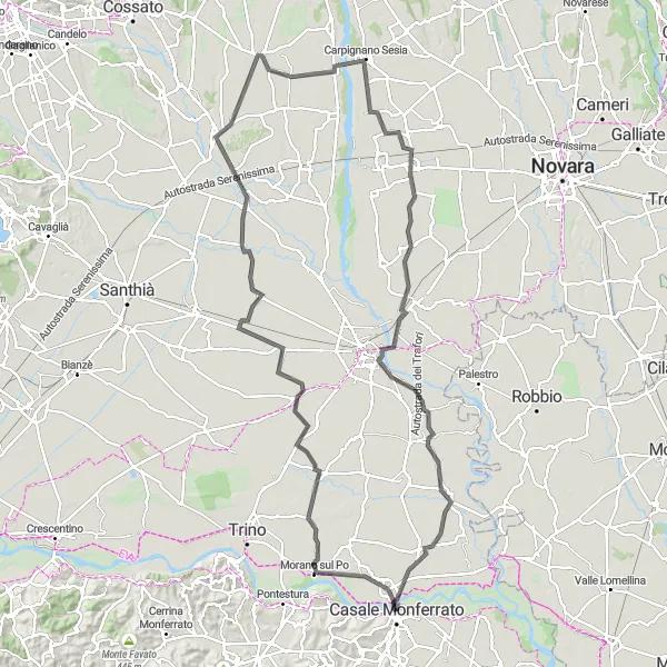 Zemljevid v pomanjšavi "Cestna avantura v bližini Casale Monferrato" kolesarske inspiracije v Piemonte, Italy. Generirano z načrtovalcem kolesarskih poti Tarmacs.app
