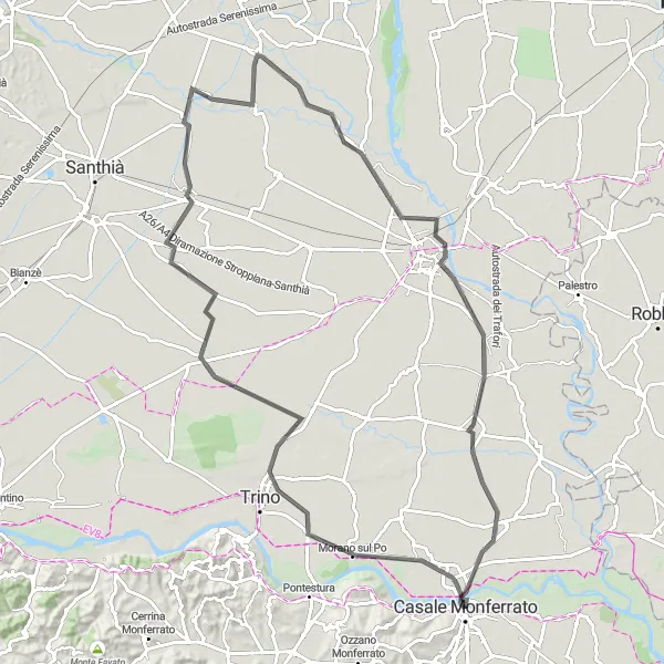 Zemljevid v pomanjšavi "Potovanje skozi Morano sul Po, Tricerro, Formigliana, Vercelli, in Cantone Il Rondo" kolesarske inspiracije v Piemonte, Italy. Generirano z načrtovalcem kolesarskih poti Tarmacs.app