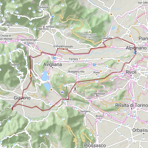 Miniaturní mapa "Gravel okolo Caselette" inspirace pro cyklisty v oblasti Piemonte, Italy. Vytvořeno pomocí plánovače tras Tarmacs.app