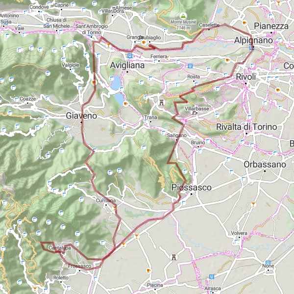 Zemljevid v pomanjšavi "Gorsko kolesarjenje: Rivoli do Monte San Giorgio" kolesarske inspiracije v Piemonte, Italy. Generirano z načrtovalcem kolesarskih poti Tarmacs.app