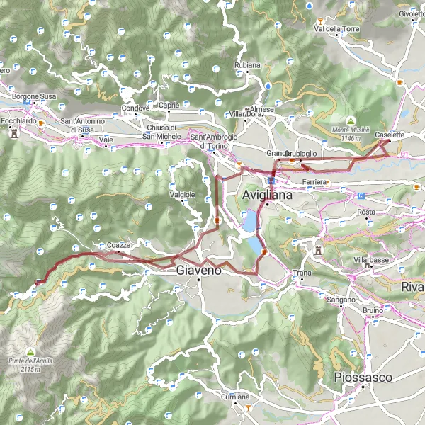 Kartminiatyr av "Äventyrliga grusvägen till Avigliana" cykelinspiration i Piemonte, Italy. Genererad av Tarmacs.app cykelruttplanerare