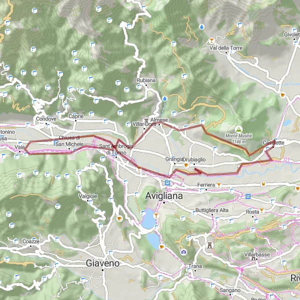 Miniature de la carte de l'inspiration cycliste "Itinéraire VTT à travers les collines piémontaises" dans la Piemonte, Italy. Générée par le planificateur d'itinéraire cycliste Tarmacs.app