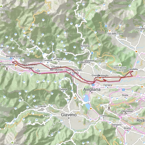 Miniaturní mapa "Gravel Adventure near Caselette" inspirace pro cyklisty v oblasti Piemonte, Italy. Vytvořeno pomocí plánovače tras Tarmacs.app