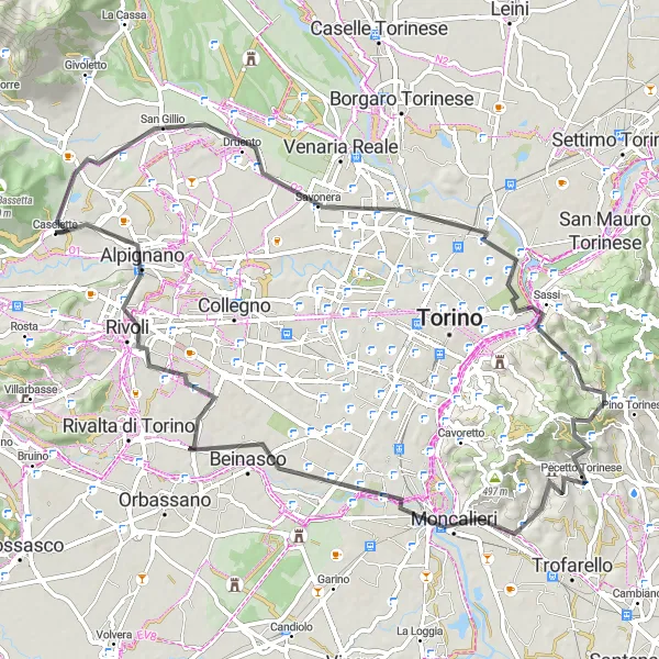 Zemljevid v pomanjšavi "Cestno kolesarjenje do Moncalierija in Alpignana" kolesarske inspiracije v Piemonte, Italy. Generirano z načrtovalcem kolesarskih poti Tarmacs.app