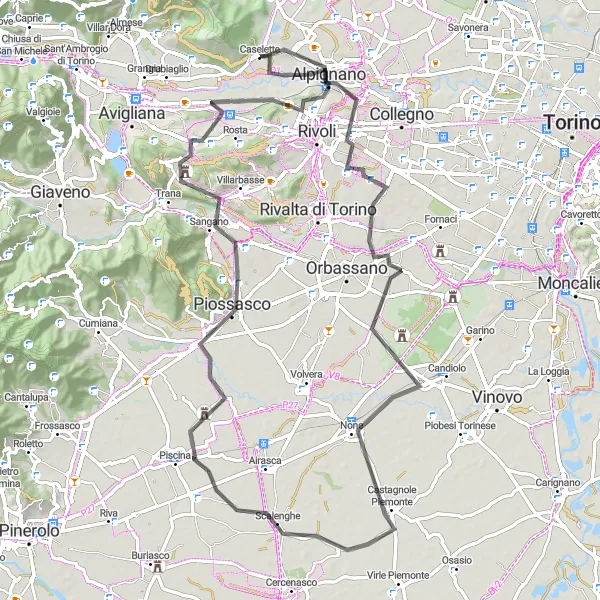 Kartminiatyr av "Genom gröna fält och pittoreska byar runt Piossasco" cykelinspiration i Piemonte, Italy. Genererad av Tarmacs.app cykelruttplanerare
