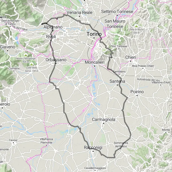 Karttaminiaatyyri "Druento - Orbassano Road Adventure" pyöräilyinspiraatiosta alueella Piemonte, Italy. Luotu Tarmacs.app pyöräilyreittisuunnittelijalla