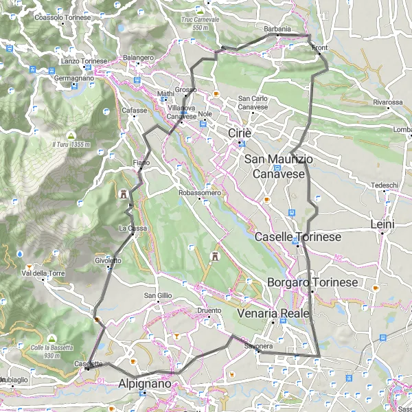 Miniatura della mappa di ispirazione al ciclismo "Giro delle Colline Torinesi" nella regione di Piemonte, Italy. Generata da Tarmacs.app, pianificatore di rotte ciclistiche