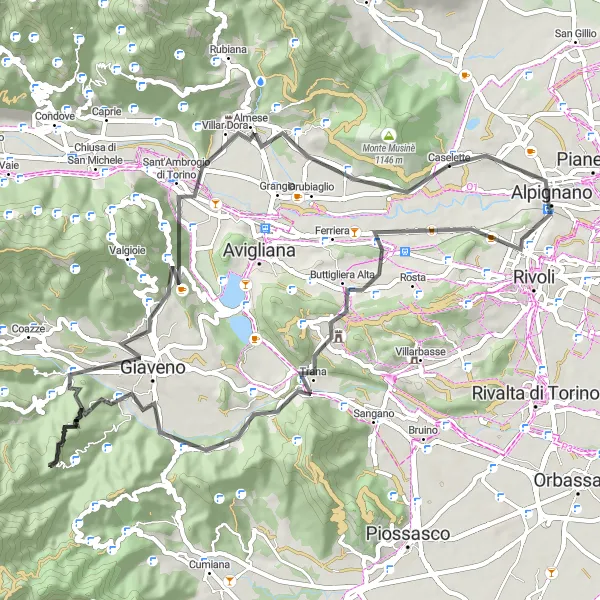 Miniaturní mapa "Okružní jízda po krajině Piemonte" inspirace pro cyklisty v oblasti Piemonte, Italy. Vytvořeno pomocí plánovače tras Tarmacs.app