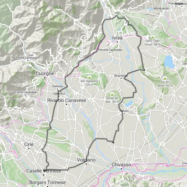 Miniaturní mapa "Trasa kolem Caselle Torinese" inspirace pro cyklisty v oblasti Piemonte, Italy. Vytvořeno pomocí plánovače tras Tarmacs.app