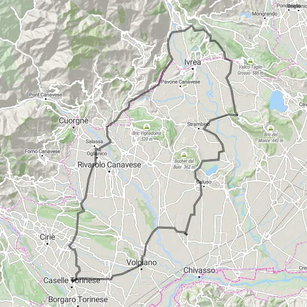 Miniatuurkaart van de fietsinspiratie "Historische rit van Caselle Torinese naar Candia Canavese" in Piemonte, Italy. Gemaakt door de Tarmacs.app fietsrouteplanner