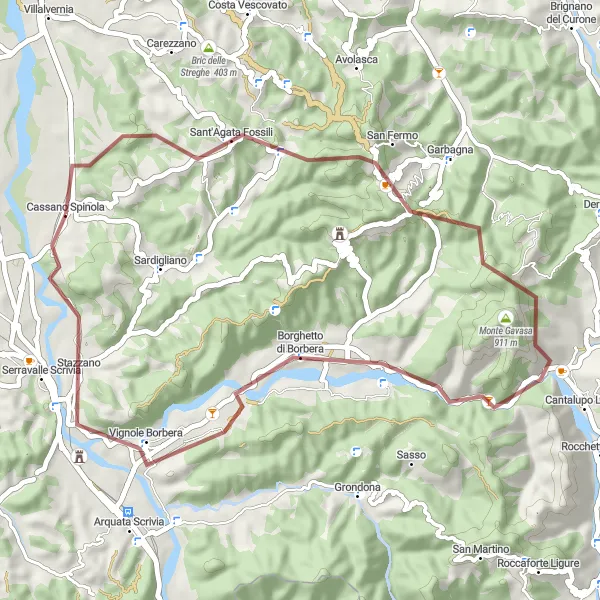 Miniatura della mappa di ispirazione al ciclismo "Percorso gravel da Cassano Spinola a Monte Spineto" nella regione di Piemonte, Italy. Generata da Tarmacs.app, pianificatore di rotte ciclistiche
