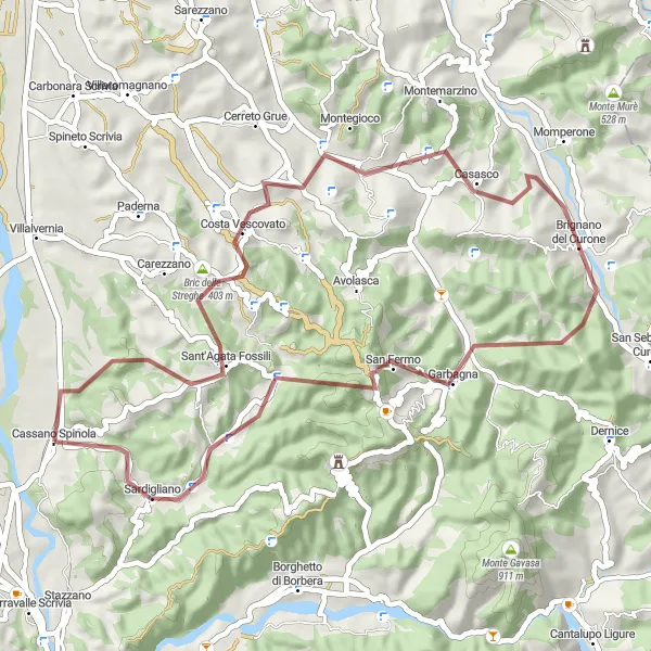 Zemljevid v pomanjšavi "Gravel Cycling Adventure near Cassano Spinola" kolesarske inspiracije v Piemonte, Italy. Generirano z načrtovalcem kolesarskih poti Tarmacs.app