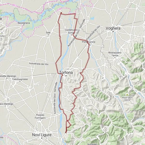 Miniaturní mapa "Výlet po štěrkových cestách kolem Cassano Spinola" inspirace pro cyklisty v oblasti Piemonte, Italy. Vytvořeno pomocí plánovače tras Tarmacs.app