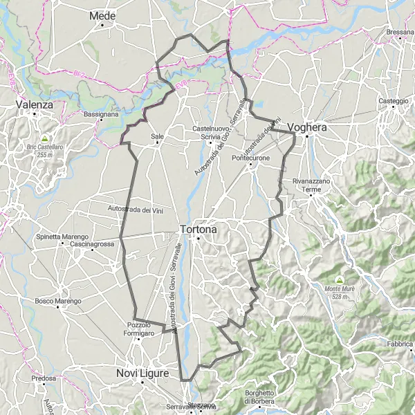 Zemljevid v pomanjšavi "Cestna Pot Cassano Spinola - Gavazzana" kolesarske inspiracije v Piemonte, Italy. Generirano z načrtovalcem kolesarskih poti Tarmacs.app