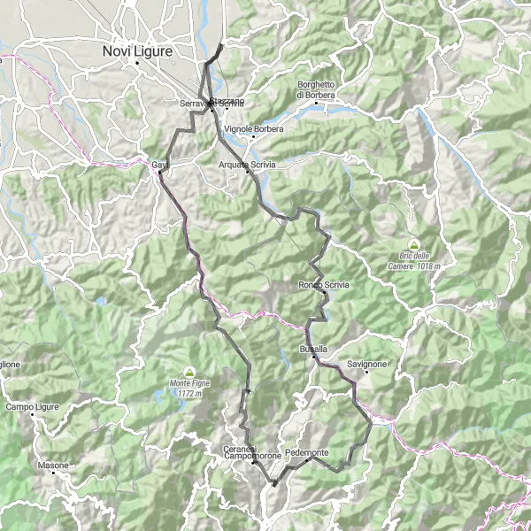 Karttaminiaatyyri "Vuorten ja laaksojen kierros Busallaan ja Gaviin" pyöräilyinspiraatiosta alueella Piemonte, Italy. Luotu Tarmacs.app pyöräilyreittisuunnittelijalla