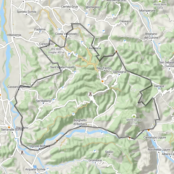 Miniatura della mappa di ispirazione al ciclismo "Giro in bicicletta tra Cassano Spinola e Stazzano" nella regione di Piemonte, Italy. Generata da Tarmacs.app, pianificatore di rotte ciclistiche