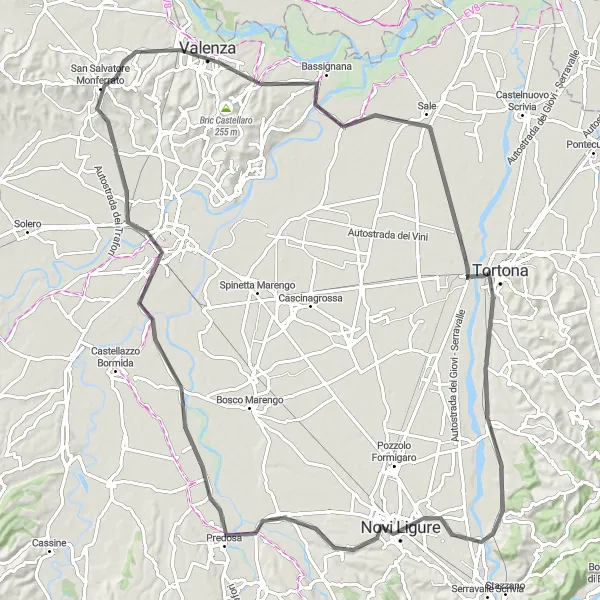 Karttaminiaatyyri "Maalauksellinen Pyöräilyreitti Alessandrian maakunnassa" pyöräilyinspiraatiosta alueella Piemonte, Italy. Luotu Tarmacs.app pyöräilyreittisuunnittelijalla