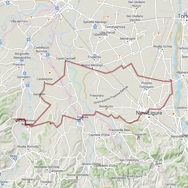 Miniaturní mapa "Gravelový okruh přes Novi Ligure a Bosco Marengo" inspirace pro cyklisty v oblasti Piemonte, Italy. Vytvořeno pomocí plánovače tras Tarmacs.app