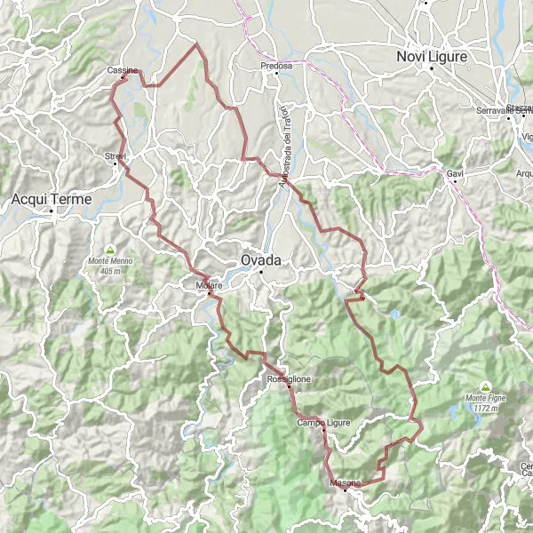 Miniaturní mapa "Gravel Cyklotrasa okolo Cassine" inspirace pro cyklisty v oblasti Piemonte, Italy. Vytvořeno pomocí plánovače tras Tarmacs.app
