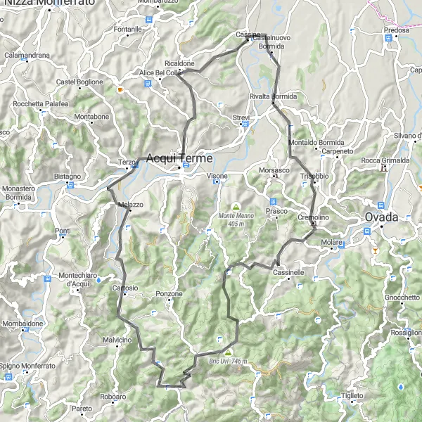Map miniature of "The Piemonte Climbing Challenge" cycling inspiration in Piemonte, Italy. Generated by Tarmacs.app cycling route planner