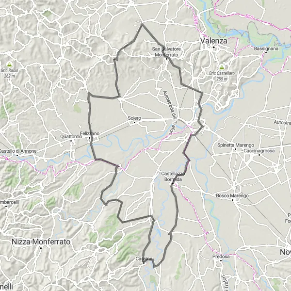 Miniatua del mapa de inspiración ciclista "Ruta en bicicleta de carretera por los viñedos de Alessandria" en Piemonte, Italy. Generado por Tarmacs.app planificador de rutas ciclistas