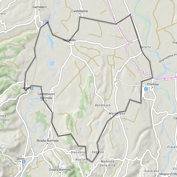 Kartminiatyr av "Kort sykkeltur til Castelspina og Predosa" sykkelinspirasjon i Piemonte, Italy. Generert av Tarmacs.app sykkelrutoplanlegger