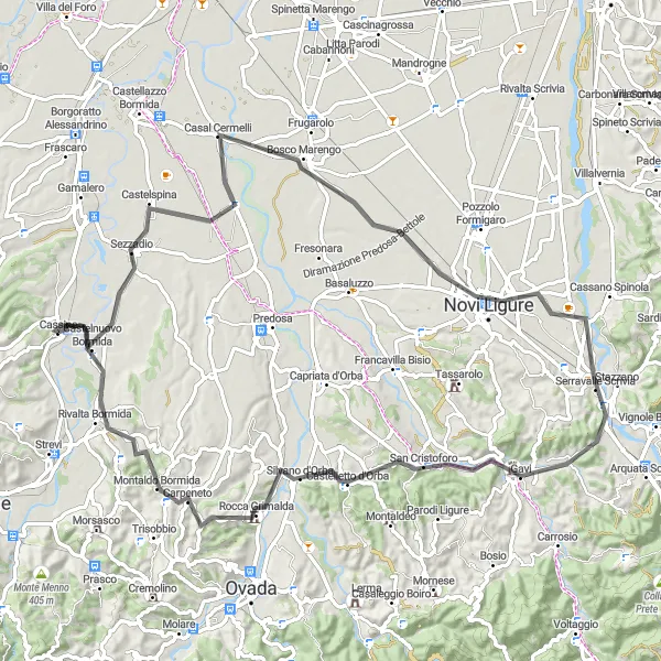 Map miniature of "Road Cycling Route: Novi Ligure and Surrounding Hills" cycling inspiration in Piemonte, Italy. Generated by Tarmacs.app cycling route planner