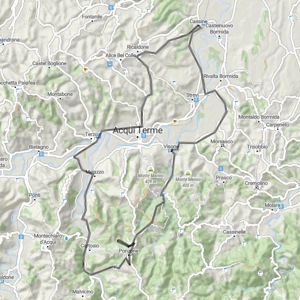 Miniature de la carte de l'inspiration cycliste "Circuit épique avec vue panoramique depuis Cassine" dans la Piemonte, Italy. Générée par le planificateur d'itinéraire cycliste Tarmacs.app