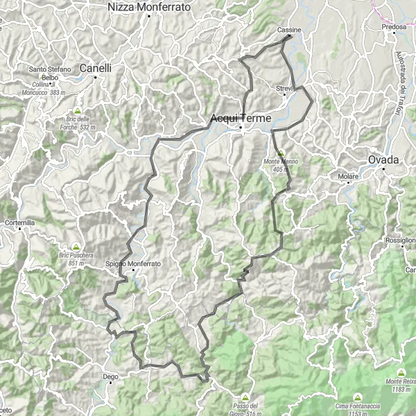 Map miniature of "The Bormida Valley Loop" cycling inspiration in Piemonte, Italy. Generated by Tarmacs.app cycling route planner