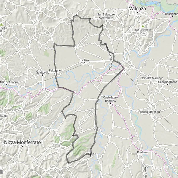 Miniature de la carte de l'inspiration cycliste "Le Charme de Cassine et Alessandria à Vélo" dans la Piemonte, Italy. Générée par le planificateur d'itinéraire cycliste Tarmacs.app