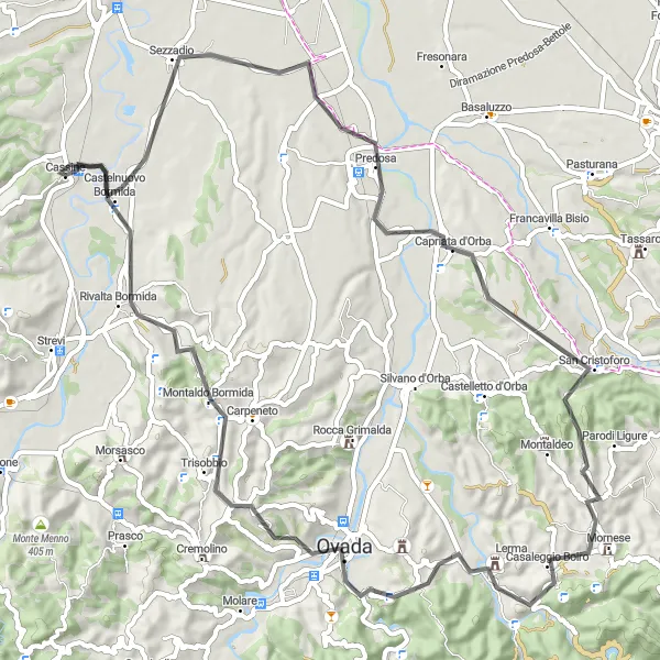 Kartminiatyr av "Opplev landlige skatter i nærheten av Cassine" sykkelinspirasjon i Piemonte, Italy. Generert av Tarmacs.app sykkelrutoplanlegger