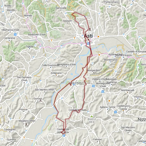 Miniatua del mapa de inspiración ciclista "Ruta de Grava Asti y San Marzanotto" en Piemonte, Italy. Generado por Tarmacs.app planificador de rutas ciclistas