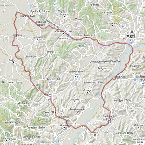 Miniatua del mapa de inspiración ciclista "Exploración de los viñedos de Roero en grava" en Piemonte, Italy. Generado por Tarmacs.app planificador de rutas ciclistas