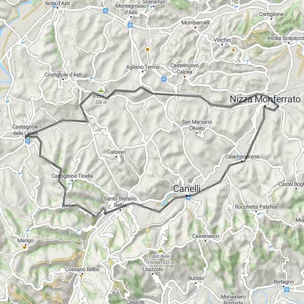 Map miniature of "The Vineyards and Hills of Monferrato" cycling inspiration in Piemonte, Italy. Generated by Tarmacs.app cycling route planner