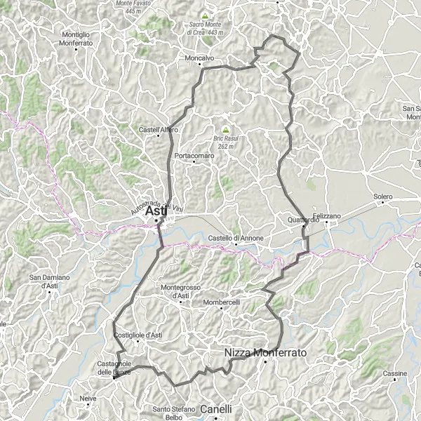 Map miniature of "The Hills and Vineyards of Asti" cycling inspiration in Piemonte, Italy. Generated by Tarmacs.app cycling route planner