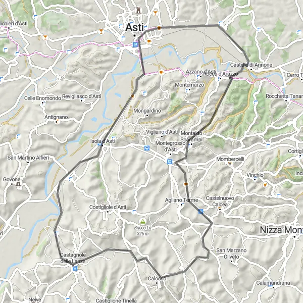 Map miniature of "The Beauty of Asti Road Cycling" cycling inspiration in Piemonte, Italy. Generated by Tarmacs.app cycling route planner