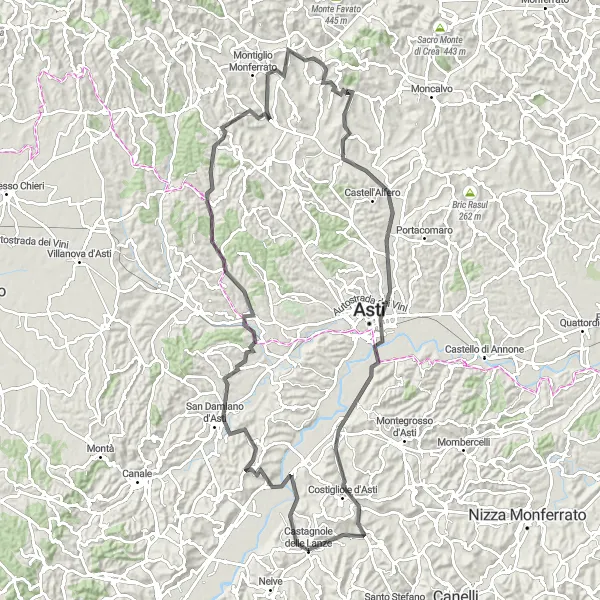 Map miniature of "The Scenic Routes of Asti and its Surroundings" cycling inspiration in Piemonte, Italy. Generated by Tarmacs.app cycling route planner