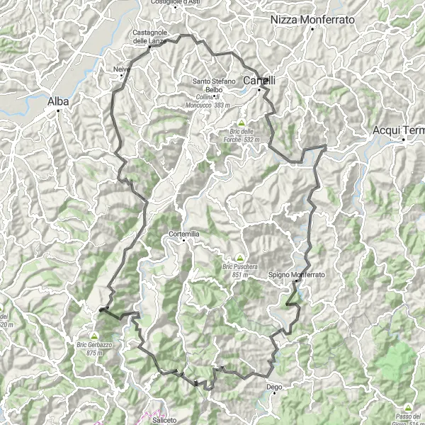 Miniatua del mapa de inspiración ciclista "Desafío en las colinas de Monferrato" en Piemonte, Italy. Generado por Tarmacs.app planificador de rutas ciclistas
