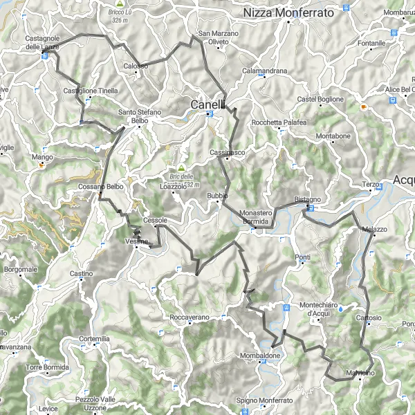 Miniatua del mapa de inspiración ciclista "Exploración de las colinas de Langhe en bicicleta de carretera" en Piemonte, Italy. Generado por Tarmacs.app planificador de rutas ciclistas